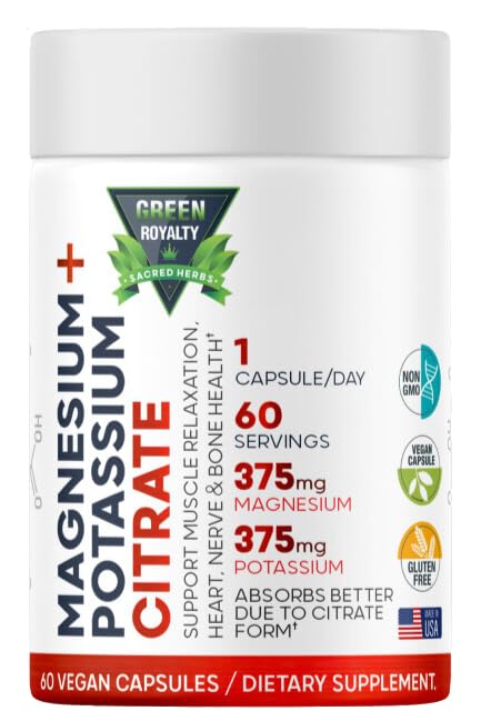Citrat de magneziu + Potasiu 60 Premium Vegan Capsule (Citrat 375 mg) + (375 mg Potasiu) Non OMG, Gluten gratuit - supliment de absorbţie mare Made in USA