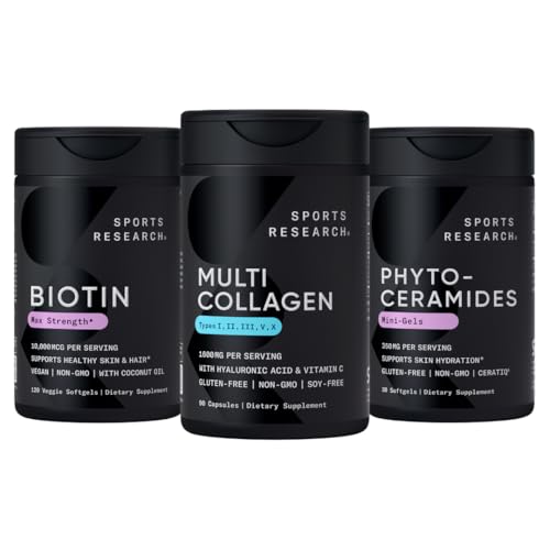 Cercetari sportive Vegan Biotin 10.000mcg cu ulei de cocos, pastile multicolagen (tip I, II, III, V, X) Colagen peptide hidrolizate cu acid hialuronic + vitamina C & fitoceramidă 350mg per Softgel