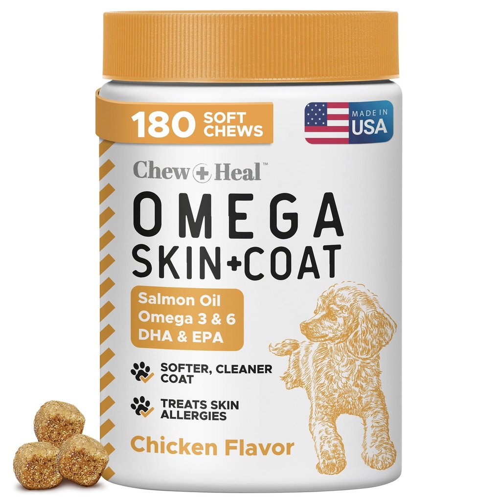 Ulei de somon pentru câini - 180 Omega Treats Soft Chew pentru piele și haină - Ulei de pește amestec de acizi grași esențiali, Omega 3 și 6, vitamine, antioxidanți și minerale - Made in USA