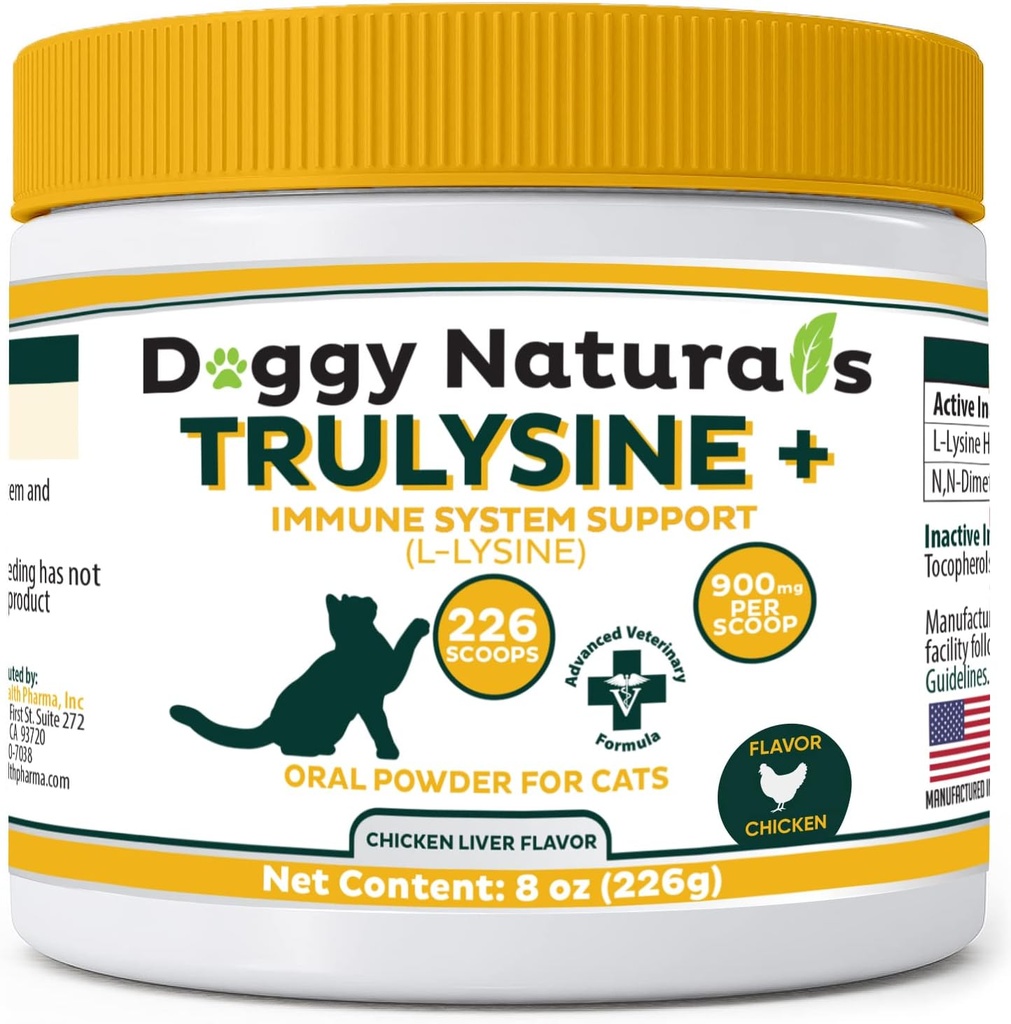 Truensine Plus L-Lysine pentru pisici Suport imun Pulbere orală 8oz/226g - Pisici și pisoi de toate vârstele, Strănut, Runny nas stralucind, Watery Eyes Aroma de ficat de pui (S.U.A)(226 Grams (900mg / Scoop))