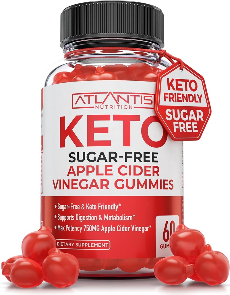 Atlantis Nutritie Zahar-Free Keto ACV Gumies pentru pierderea in greutate - Cidru de mere Otegar Gumies Formulat cu 750MG ACV Per Serving - Suporturi Digestion, Pierderea in greutate, Detox & Curatenie - 60 Conte
