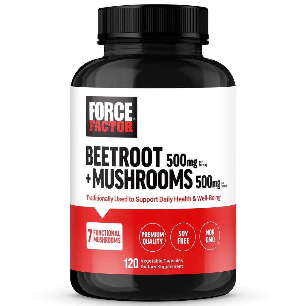 Force FACTOR Beetroot + Ciuperci Supliment pentru sănătate mare, capsule rădăcină de sfeclă cu 7 ciuperci funcționale, Lion