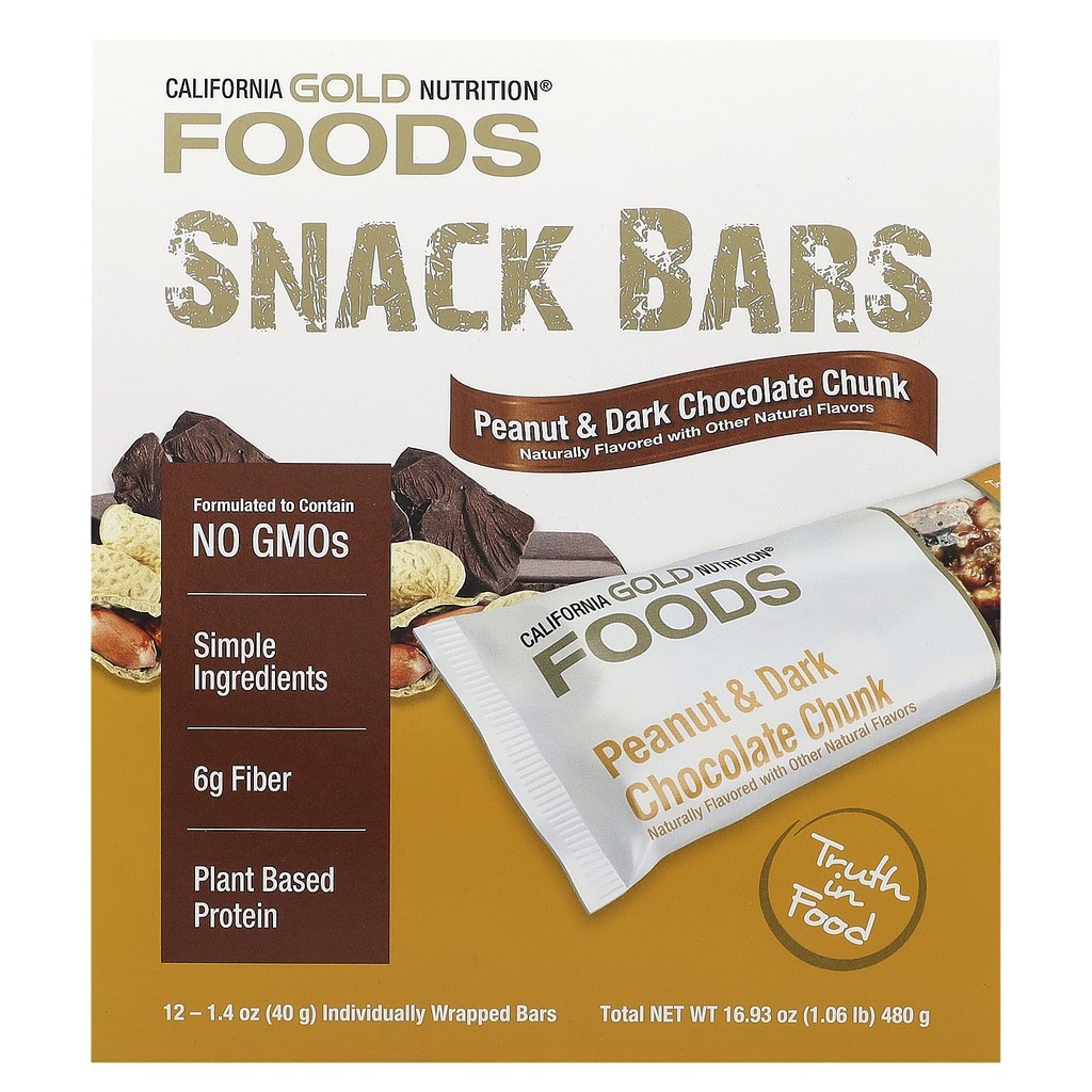 California Gold Nutrition Foods, Peanut & Dark Chocolate Chunk Bars with Dry Tooked Almonds, Cicoare Root Fiber, Pea Crips and Honey, 12 Bars, 1.4 oz (40 g) Fiecare