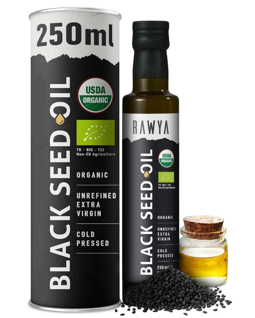 Ulei de semințe negru RAWYA - USDA Certified organic - presat la rece - 8,4 Fl oz - Extra Virgin - Seminte de chimen negru turc - Premium Nigella Sativa cu Thymochinonă - Kalonji - Non-GMO, Gluten-Free - Suplimente nutriționale - Gust extra puternic