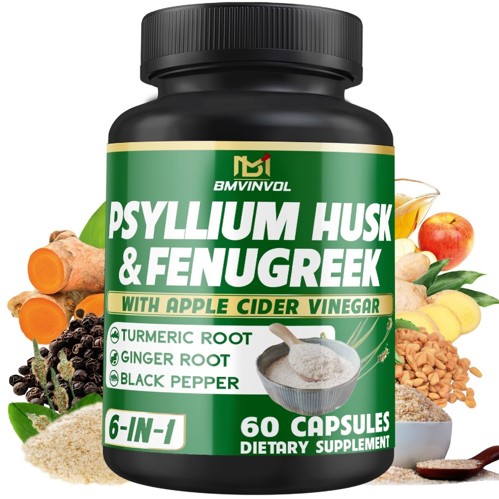 BMVINVOL Psyllium Husk Fiber Suplimentul t cu Schinduf, Oţet de cidru de mere, Turmeric, Ghimbir, Pepper negru- Digestion Health Support - 60 capsule