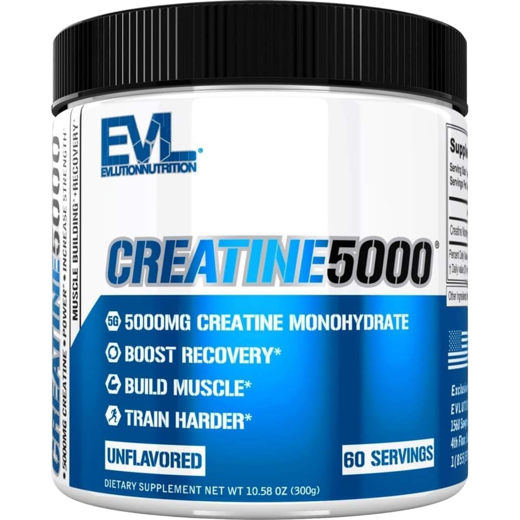 Evlution Nutrition Creatin 5000 - Suporturi Recuperare mai rapida, Crestere musculara Lean & Performanta - Pre & Post Workout pulbere - 5000 mg Creatină pură Monohidrat pe servire - 60 Serviri - Nearomatizate