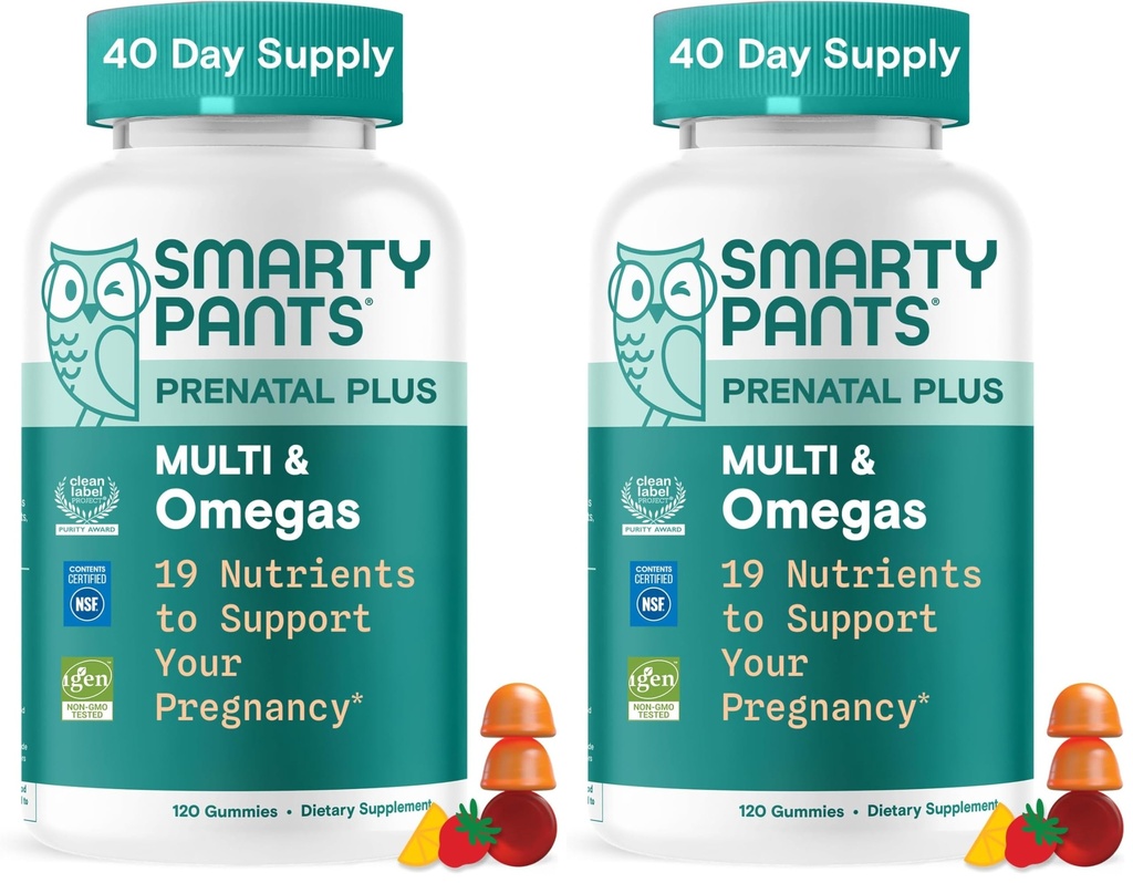 InteligentPants Multivitamine Gummies, Omega 3 (DHA/EPA), Methylfolat, Biotin, Vitamina D3, C, Vitamina B12, B6, A, K & Zinc, Gluten Free, 120 Conte (40 zile de aprovizionare) (Pachet de 2)