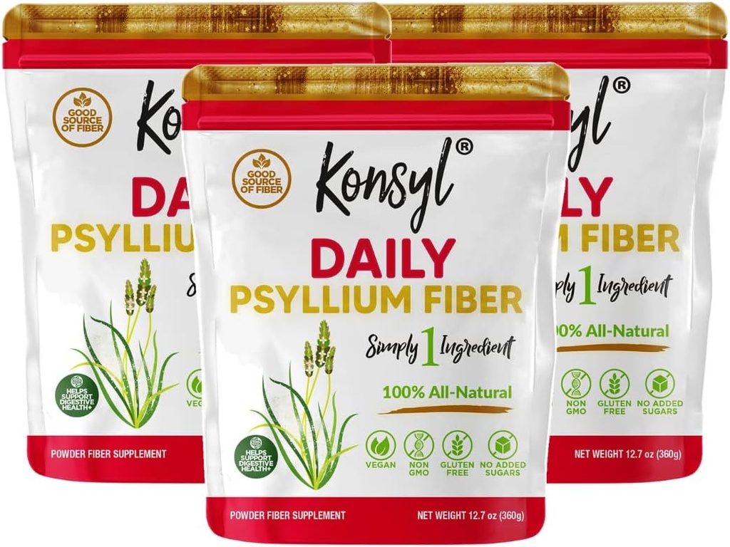 Konsyl Daily Psyllium Fiber, 3 Pack, 360g Gusset Bag, Gluten Free, Non OMG, Keto Friendly, Nearomat, Easy Mixing Fiber