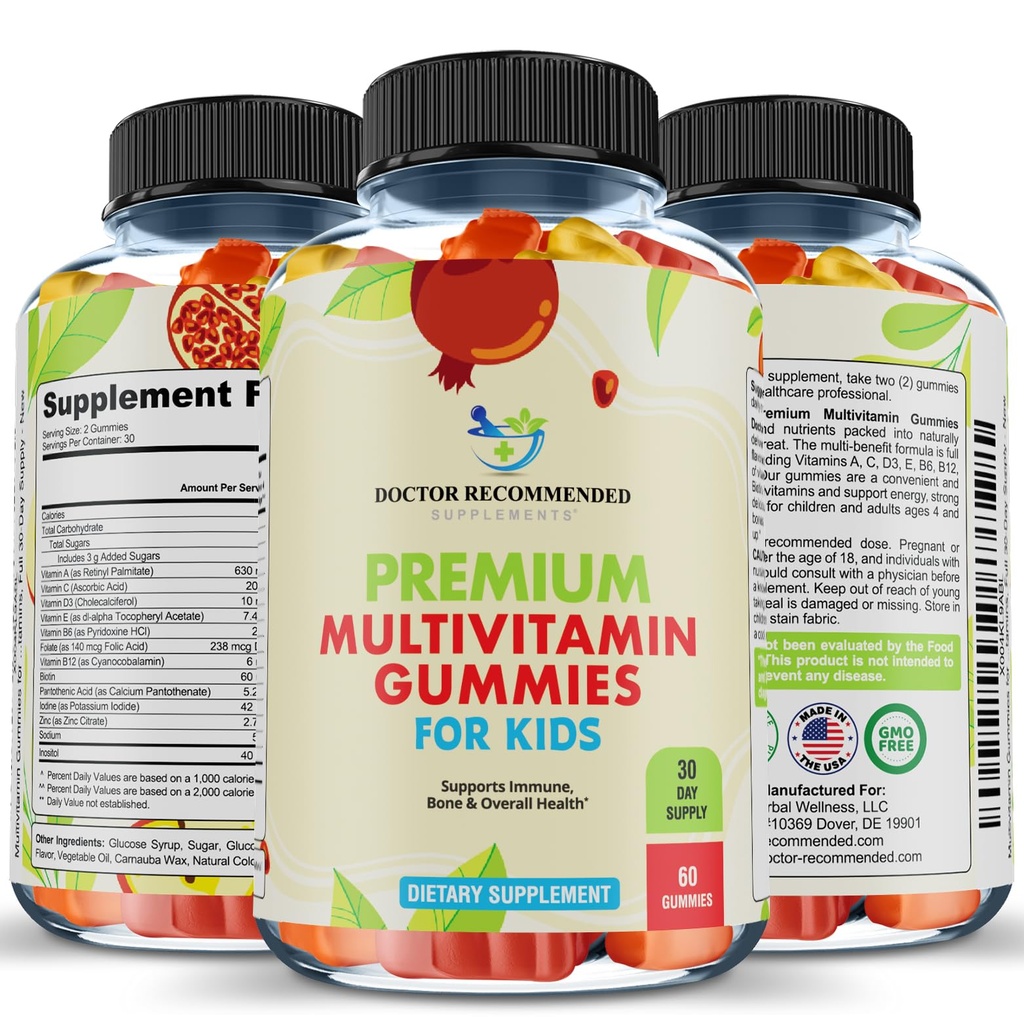 Gume multivitamine Premium pentru copii mici si copii - Vitamine zilnice Essential Chemable A, C, D3, E, B6, B12, Biotin - No High-Fructose-Syrup sau îndulcitori artificiali - 60 Gumies, 30-Day Supply