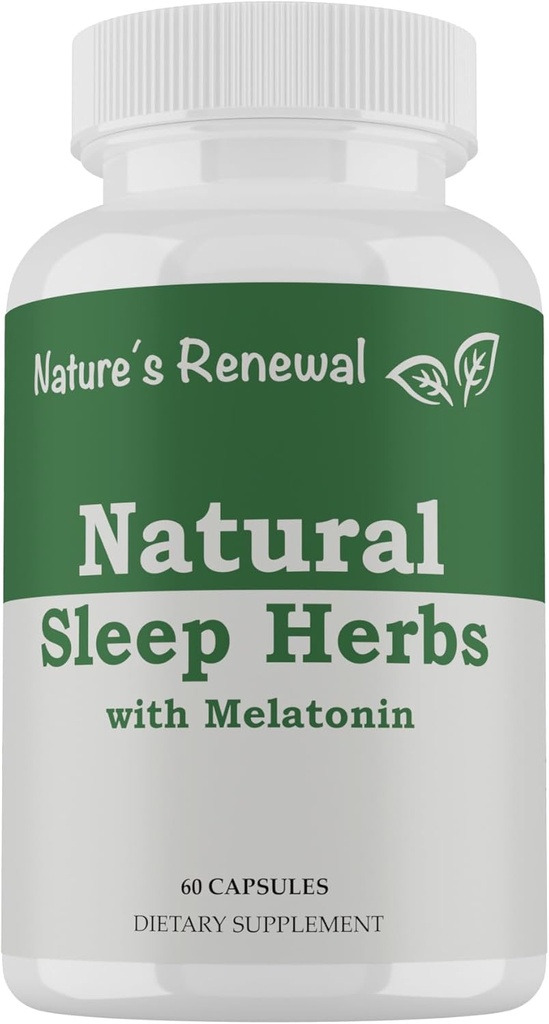 Suplimentul de somn natural de reinnoire a naturii - Melatonina, Root Valerian, Ashwagandha, Magneziu, Mușețel, Herbal Herbal Ajutor pentru adulți - 60 Capsule