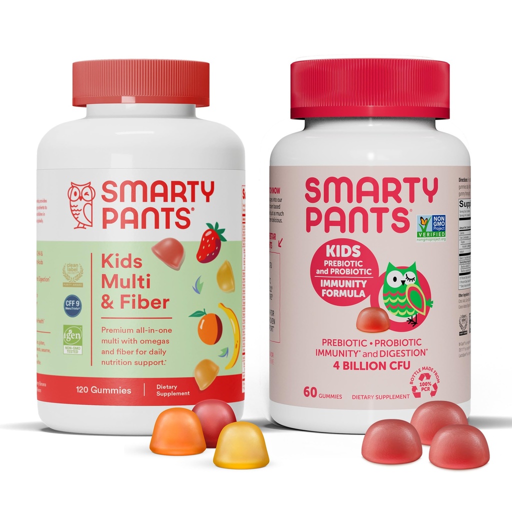 InteligentPants Copii Multivitamine Fibra Supliment Gumies și Probiotic Imunity Bundle: Omega 3 Ulei de pește (EPA/DHA), Vitamina D3, C, Vitamina B12, B6, Digestive & Imunity Supplement (30 Day Support)