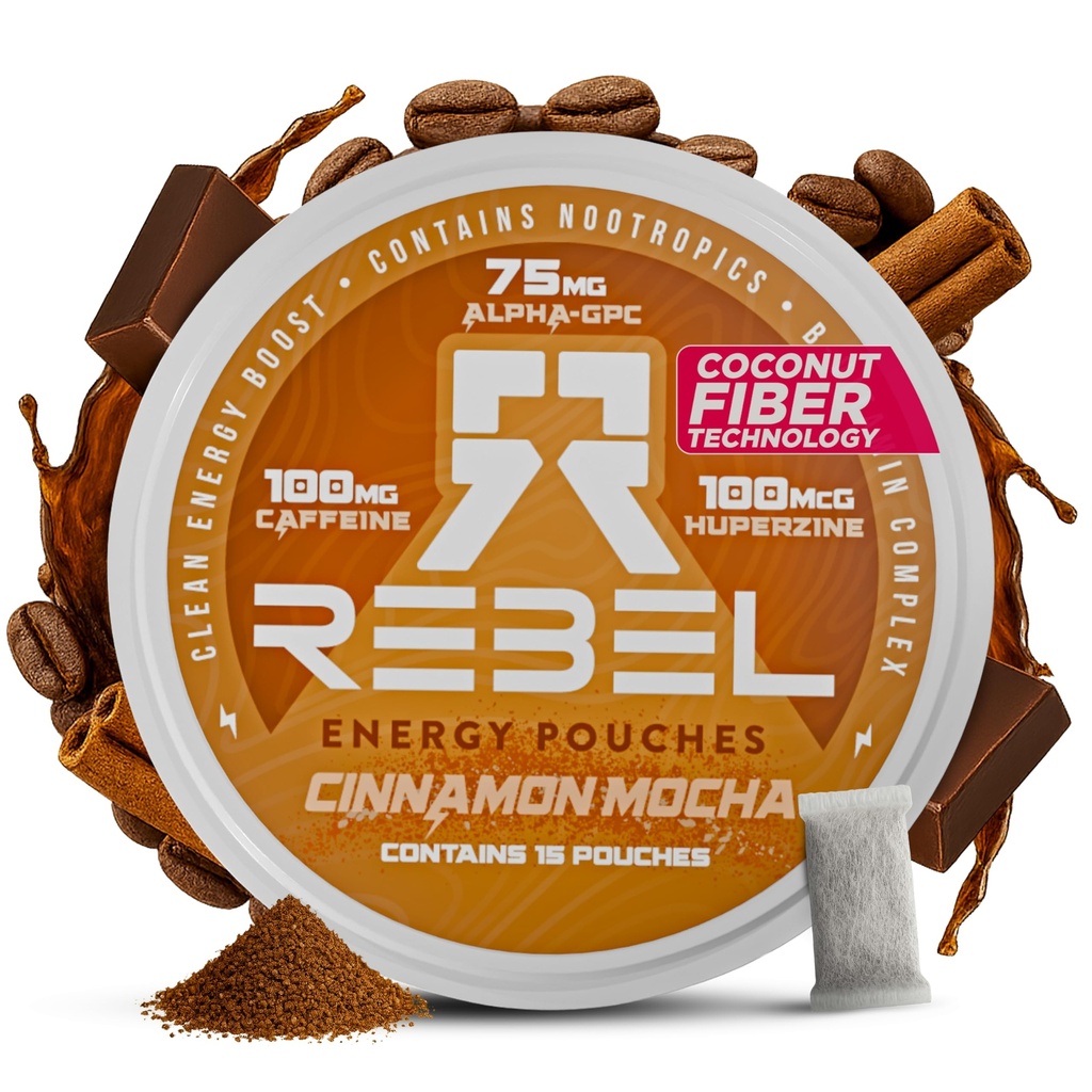 Rebel Nootropic Energy Cafeine Poches (Cinnamon Mocha) • 100 mg Cafeina • Alpha GPC • Huperzine A & Vitamine esențiale • Zahăr-Free • Nucă de cocos Fibră • 15 pungi Per Can (Pachet de 1)