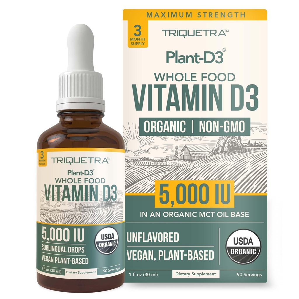 Plant-D3 Vitamină organică D3 5000 UI - Vegan, Putere maximă D3 picături lichide sublinguale - 200% Absorbție superioară - 100% Forma de colecalciferol pe bază de plante - Dozajul reglabil pentru toate vârstele (1 oz lichid)