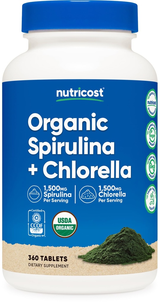 Nutricost Spirulina organică + Chlorella (3.000 mg) 360 comprimate - USDA Organic, 1500 mg Spirulina, 1500 mg Chlorella, Vegan, OMG-free, Gluten-free, 60 Servings