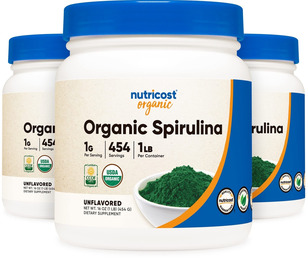 Nutricost Organic Spirulina pulbere Nearomat, 1LB Container pentru 454 Serviri (3 Sticle) - Vegan, OMG gratuit și gluten gratuit