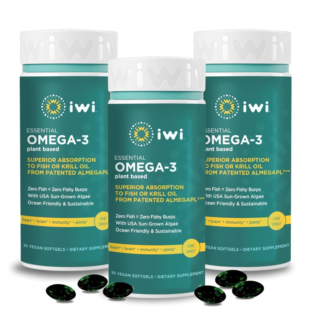 Iwi Omega-3 Essential, 90 Softgels (90 Servings), Plant-Based Algae Omega 3 with EPA + DHA, Brain, Heart & Immune Supplement Dietary Supplement, Krill & Fish Oil Alternative, No Fishy Aftergust