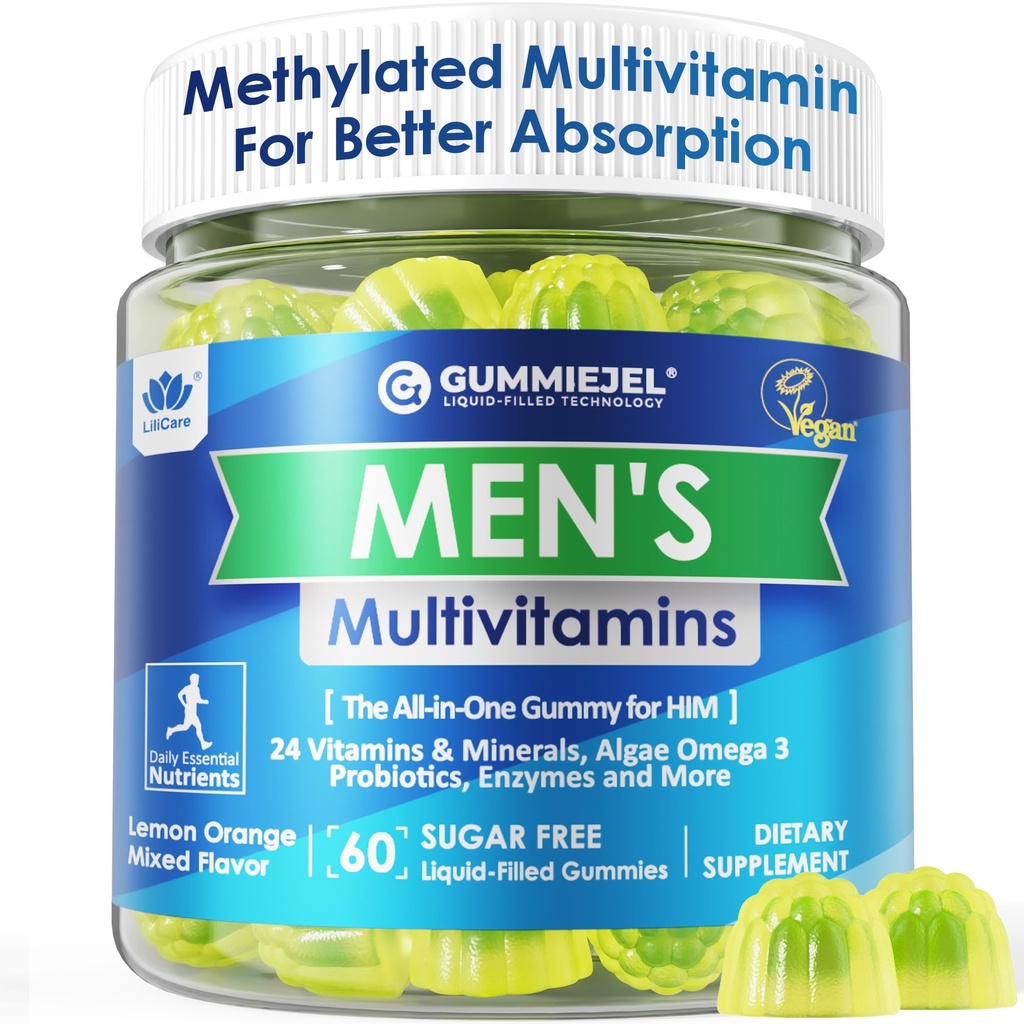 Mens Multivitamine Gumies, Multivitamine metilizate pentru barbati, Complex B, Minerale, Omega Vegan 3, Probiotic, Enzime, Antioxidanti pentru Men Complete Daily Support, Sugar Free, Vegan (No Iron) 60 Counts