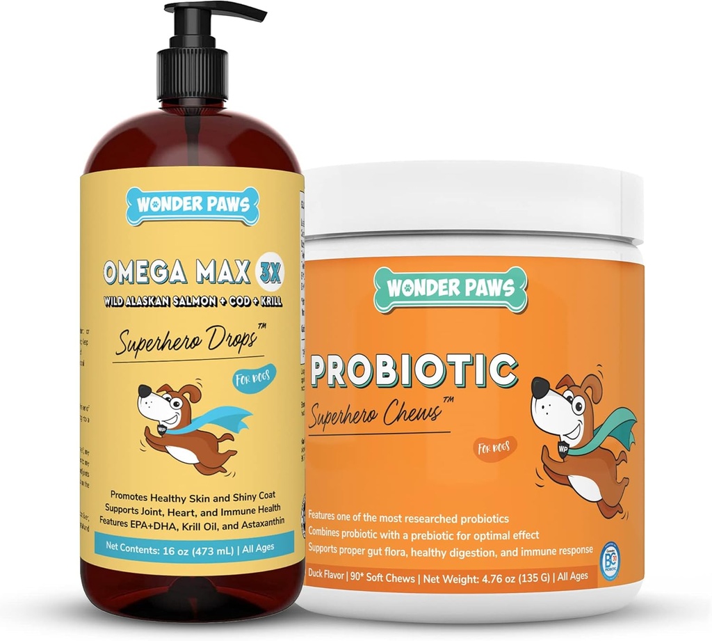 Wonder PAWS Omega Max ulei de pește Plus Chews probiotice - pentru sănătatea comună câine, umiditatea pielii, sănătate Gut & Daily Wellness - Omega Max 16 Ounces - Probiotic 90 Chews