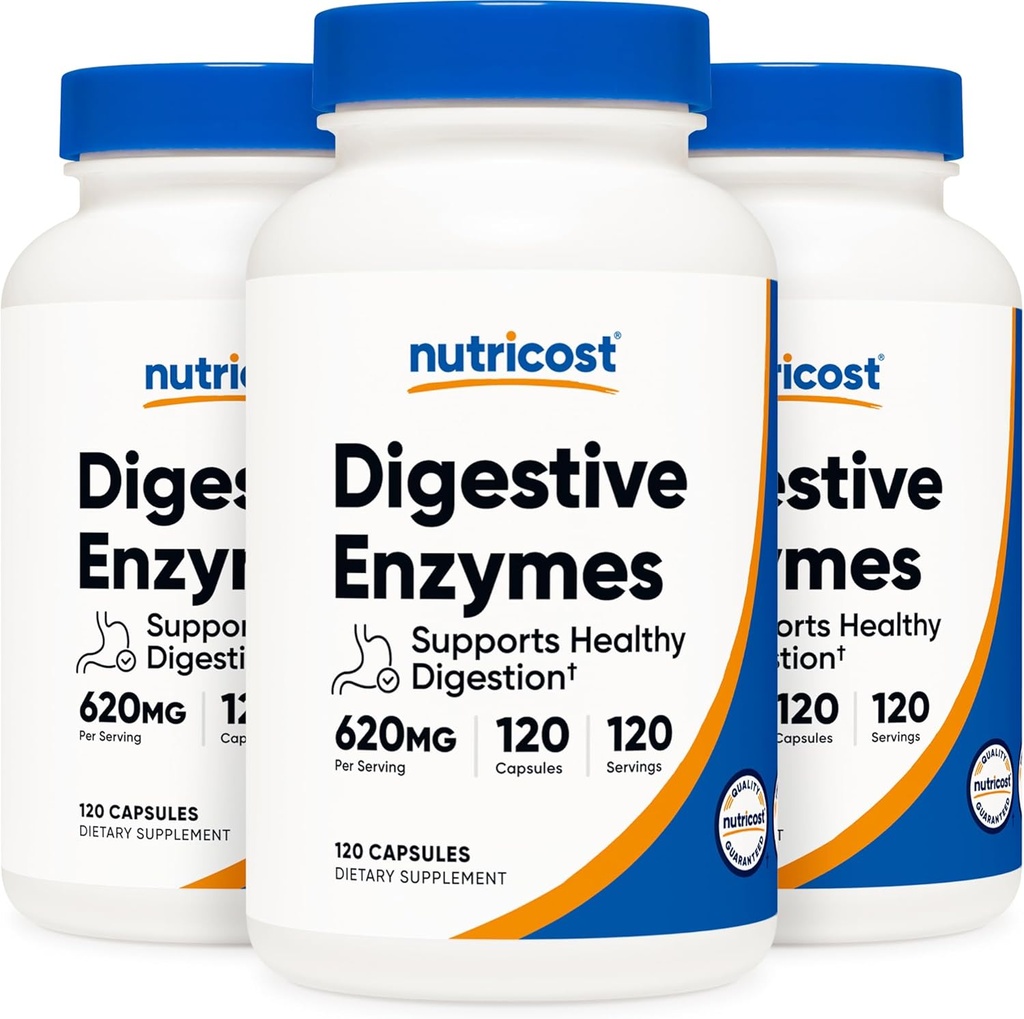 Nutricost Enzime digestive 620 mg, 120 Capsule vegetale (3 flacoane) - Supliment complet de enzime digestive