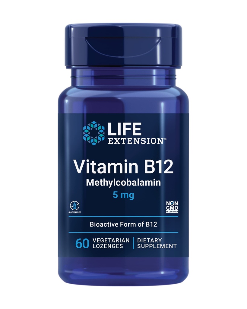 Extensie de viaţă Vitamina B12 Metilcobalamină, Supliment de sănătate nervoasă, Suport cognitiv, Energie Vitamină, metilcobalamină B12, 5 mg, Quick-Dissolving, Gluten-Free, Non-GMO, Vegetarian, 60 de pastile