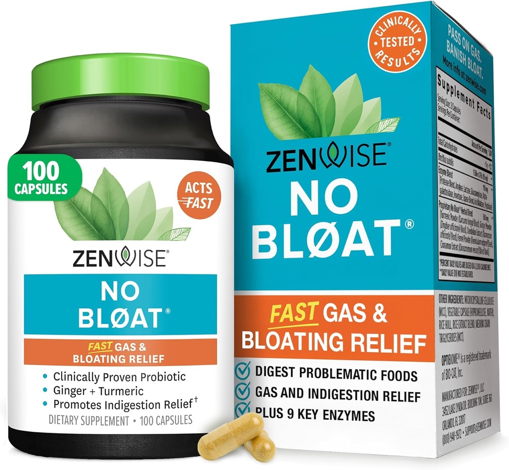 Zewise Health No Bloat Digestive Enzymes for Gut Health, Gas & Bloating Relief - Multi Enzime Digestion Supplement with Probiotics, Ginger, Turmeric Dandelion & Lactase - Men & Women - 100 Count