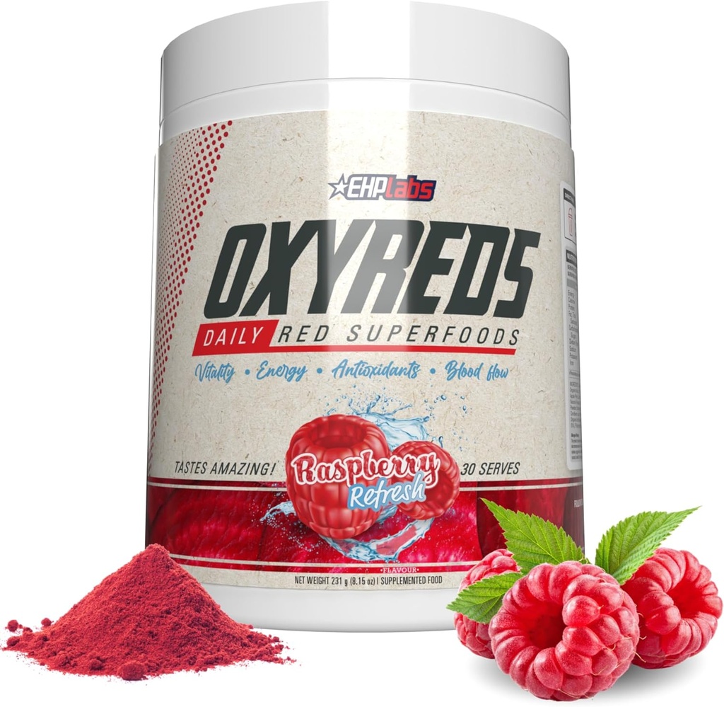 EHP Labs OxyReds Superfood Beets Powder - Suplimentul de oxid de azot, Pulbere de rădăcină de sfeclă organică, Supplement de sprijin imun și prebiotice pentru Digestive Health, Pulbere de sfeclă - Raspberry Refresh, 30 Serviri
