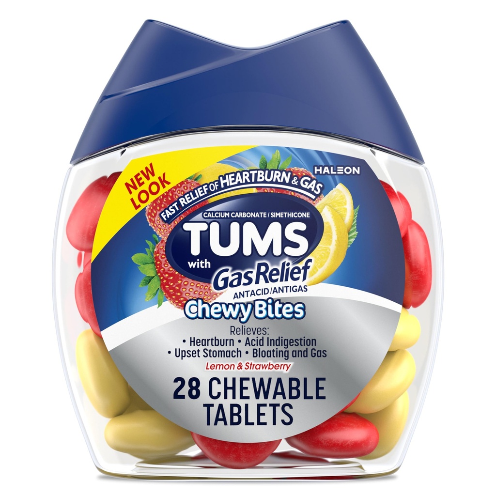 TUMS Chewy Bites Tablete antiacid masticabile cu gaz Relief, Lemon & Strawberry - 28 Conte