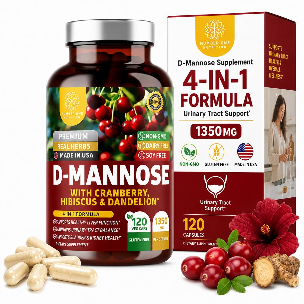 Number One Nutrition Premium D Manose Supplement for Women and Men [Max Force, 1350MG] Natural D-Mannose with Cranberry, Hibiscus and Dandelion for Urine Tract Health, 120 Count