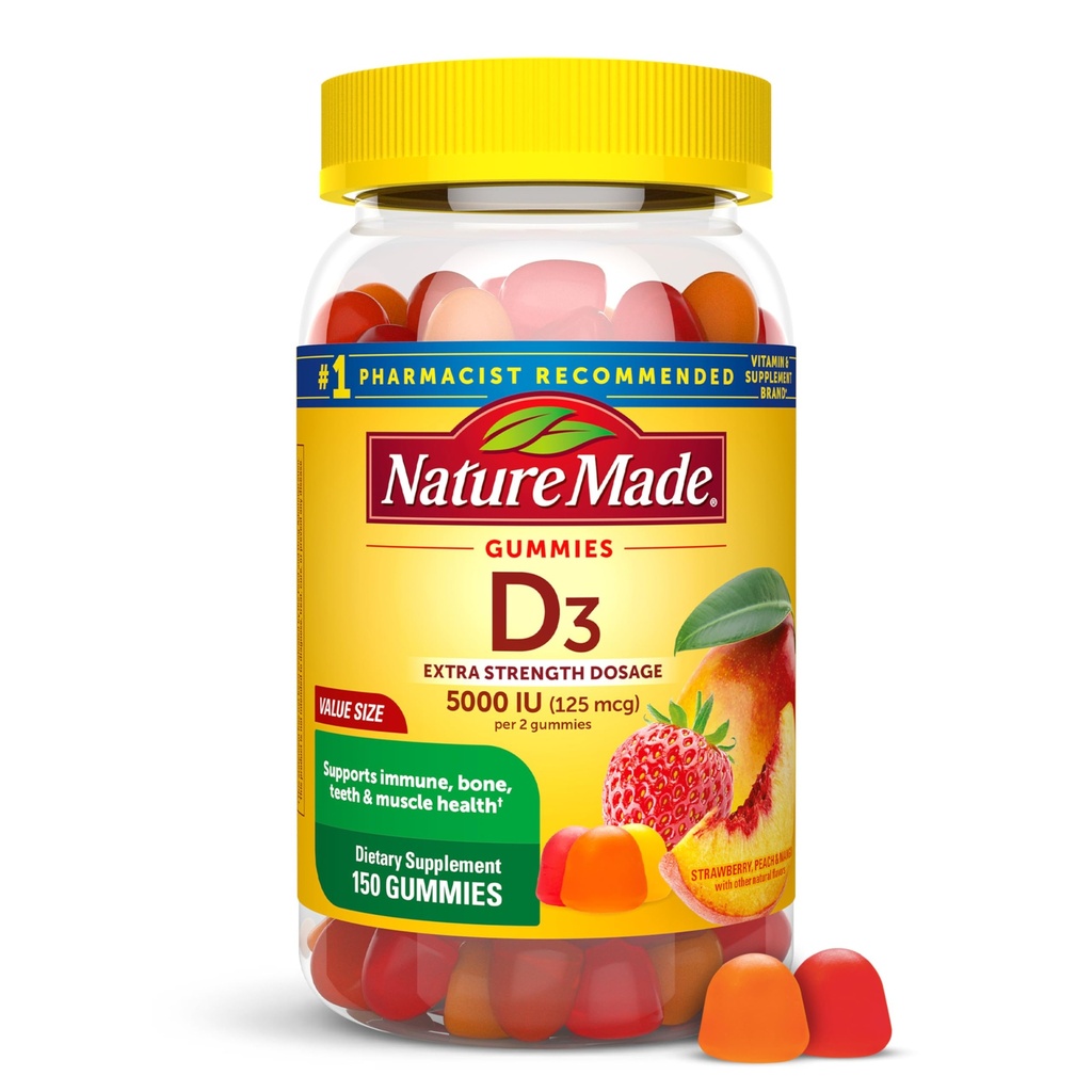 Natural Made Vitamina D3 5000 UI Per Servire Gumies Extra Putere, Bone şi Immune Health Support, 150 Vitamina D Gume pentru adulţi, 75 zile de aprovizionare