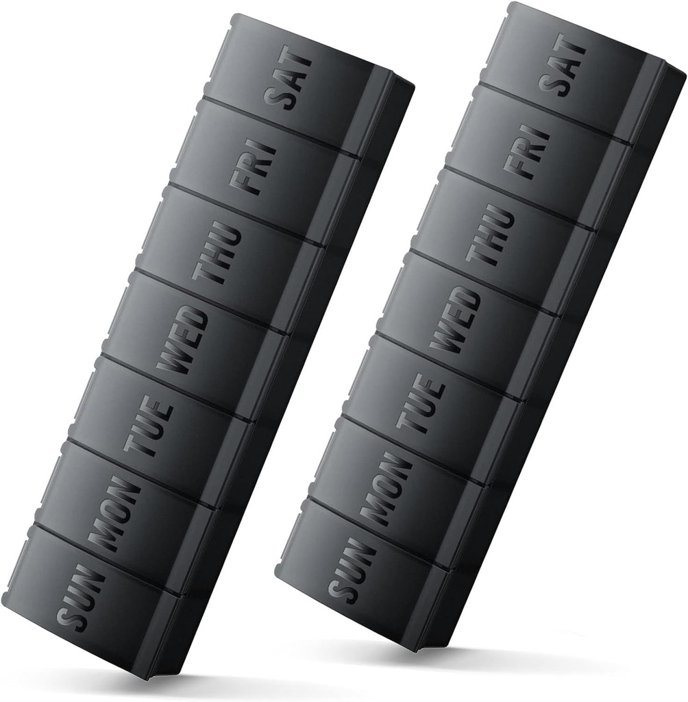 Organizator de pastile mari 2 Pack, Easy-Open Weekly Pill Organizator, XL Daily Pill Organizatori, 7 zile Medicina Organziers, Medicina Box 7 zi pentru suplimente mari de vitamine (Double Black)
