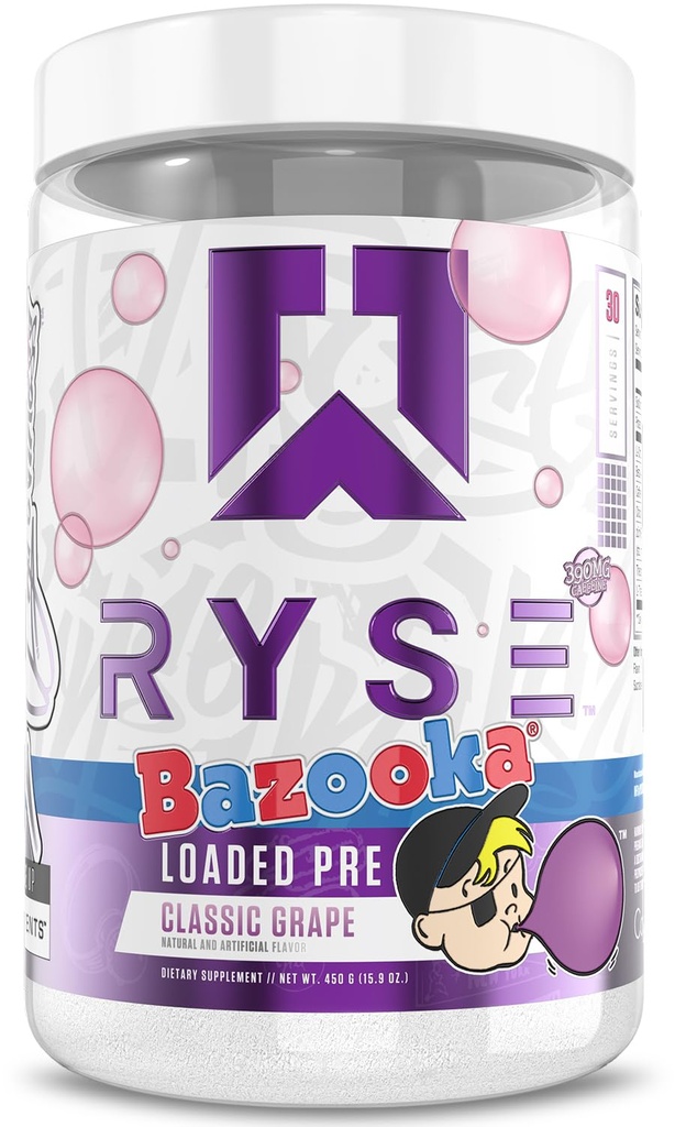 RYSE Praf de antrenament Pre - Bazooka de struguri - Pre-workout zilnic pentru bărbați și femei cu 390mg Cafeina, Beta Alanine, și Citruline pentru Pump, Focus, și Energie - 30 Serviri