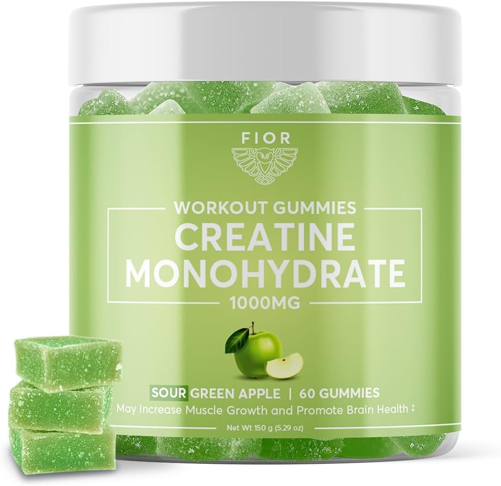 Fior Creatine Gummy - Cel mai bun Creatin Monohidrat Chemable, 60 Conte, Antrenament & Suplimentul Proteine, Îmbunătăţire cognitivă, Avoare verde de mere, 30 Serviri