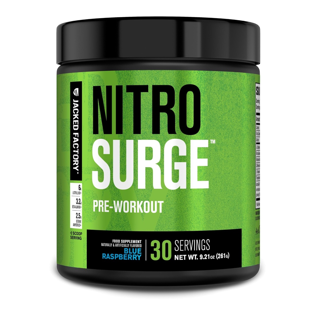 Fabrica Jacked NITROSURGE Suplimentul de antrenament pre - Booster de energie, câştiguri de putere instant, clar focalizare şi pompe intense - NO Booster & Powerful Preworkout pulbere de energie - 30 Serviri, zmeură albastră