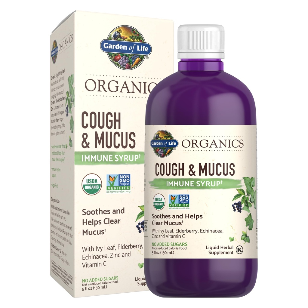 Gradina de viata Organics Elderberry Zinc Imun suport pentru adulți și copii 12 și mai în vârstă, Tuse organică & Mucus Sirop imun cu Ivy Leaf, Vitamina C și Echinacea, fără adaos de zahăr, 5 Fl oz
