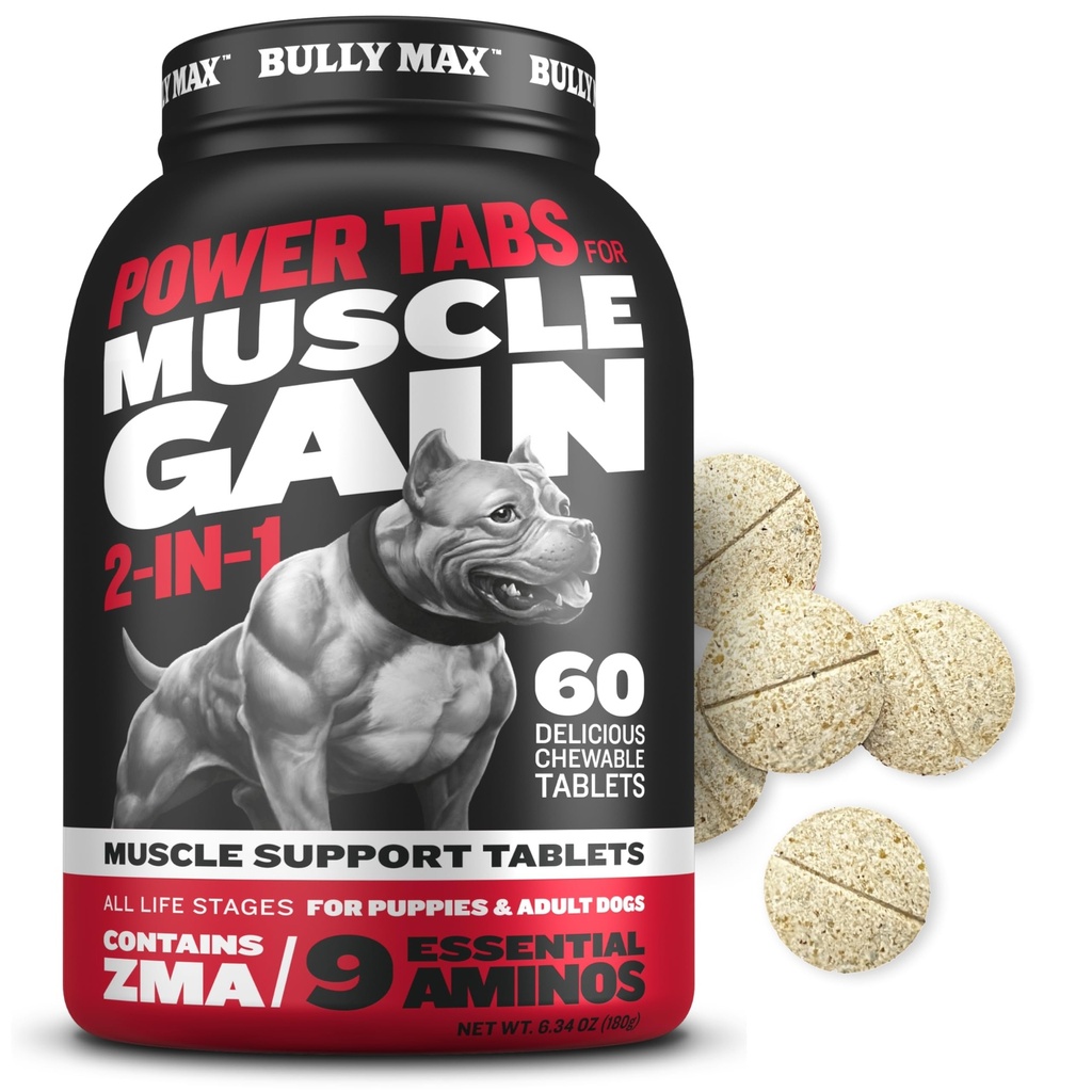 Bully Max 2-in-1 Muscle Builder Tablete masticabile pentru căței și câini adulți - Cățeluș & Dog Vitamine și suplimente pentru creșterea și creșterea mușchilor - Multivitamine canine Ultimate pentru toate rasele și vârstele - 60 Taburi