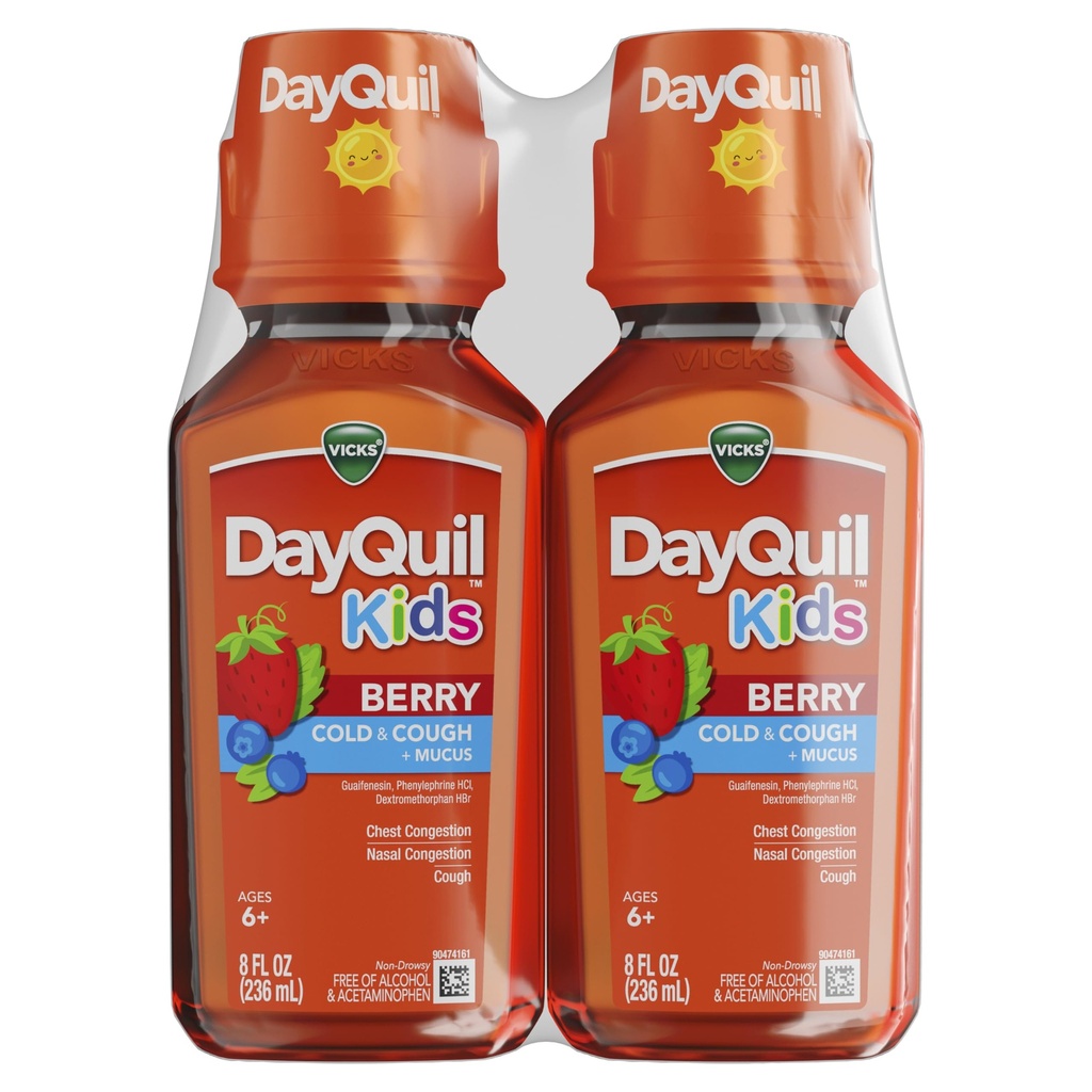 Vicks Kids DayQuil Berry Cold & Cough Medicine Co-Pack, Relief de zi cu zi de mai multe simptome, Aroma de mare gust Berry, gratuit de alcool & Acetaminofen, pentru vârstele 6+, 2x8oz