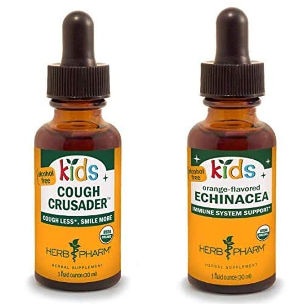 Herb Pharm Kids Certified-Organic Alcool-Life Cough Crusader Liquid Herbal Formula, 1 Ounce & Kids Certified-Organic Alcohol-Liquid Echinacea Glicerit Extract, 1 Ounce