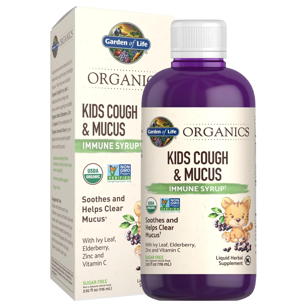 Gradina de viata Organics Elderberry & Zinc pentru copii de sprijin imun, Copii Tuse & Mucus Sirop imunitar cu Ivy Leaf, Vitamina C și echinacea pentru copii, Alcool-Free, Nu Sugars adăugate, 3.92 fl oz