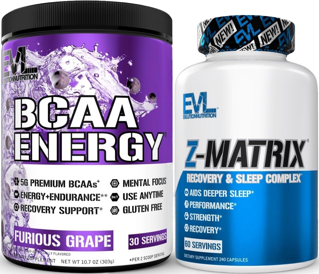 Evlution ZMatrix Magneziu și Zinc Post Antrenament Supliment (60 Serviri) Plus Replenishing BCAAs Amino Acids Pulbere pentru Pre & Post Workout (Grapă, 30 Serviri)