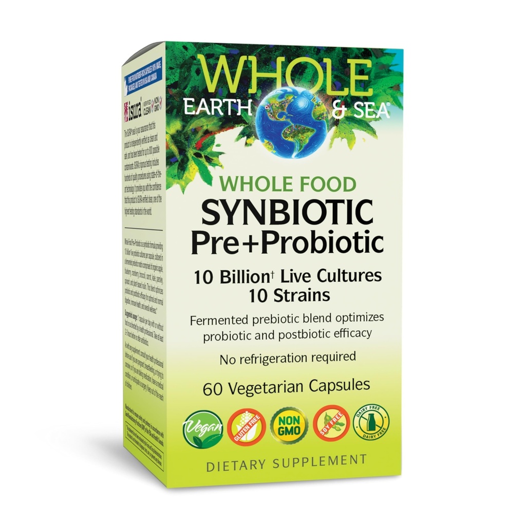 Factori naturali Întregul aliment Synbiotic Pre+Probiotic 10 Miliarde - Organic Gut & Digestive Health Supplement - Non-GMO, Gluten-Free & Dairy-Free - 60 Capsule vegetariene (60 Servings)