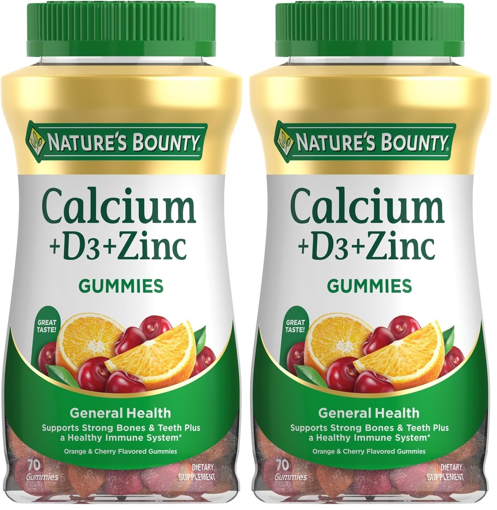 Natura's Bounty Calciu + D3 + Gume de zinc, Suportă oase puternice și dinți Plus un sistem imunitar sănătos, 500mg, Orange și cireșe aromate, 70 Gummies (Pachet de 2)