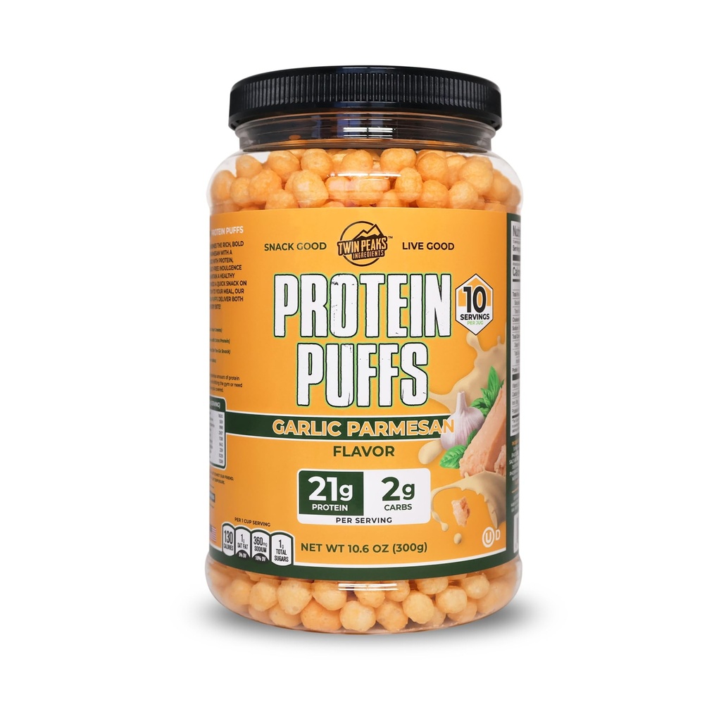 Twin Peaks Proteine Puffs - (Garlic Parmesan), Keto Friendly, Low Carb Snack (300g, 21g Proteina, 2g Net carbohidrati, Proteina mare, sanatoasa Crunchy Snack)