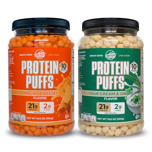 Twin Peaks Low Carb, Keto Friendly Proteine Puffs Combo Pack, 1 Jug Sour Cream Aroma Puffs + 1 Jug Nacho Cheese Flavor Puffs