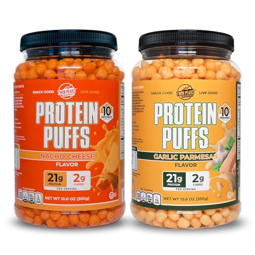Twin Peaks Low Carb, Keto Friendly Proteine Puffs, 1 Jug Usturoi Parmesan Aroma Puffs + 1 Jug Nacho Cheese Flavor Puffs