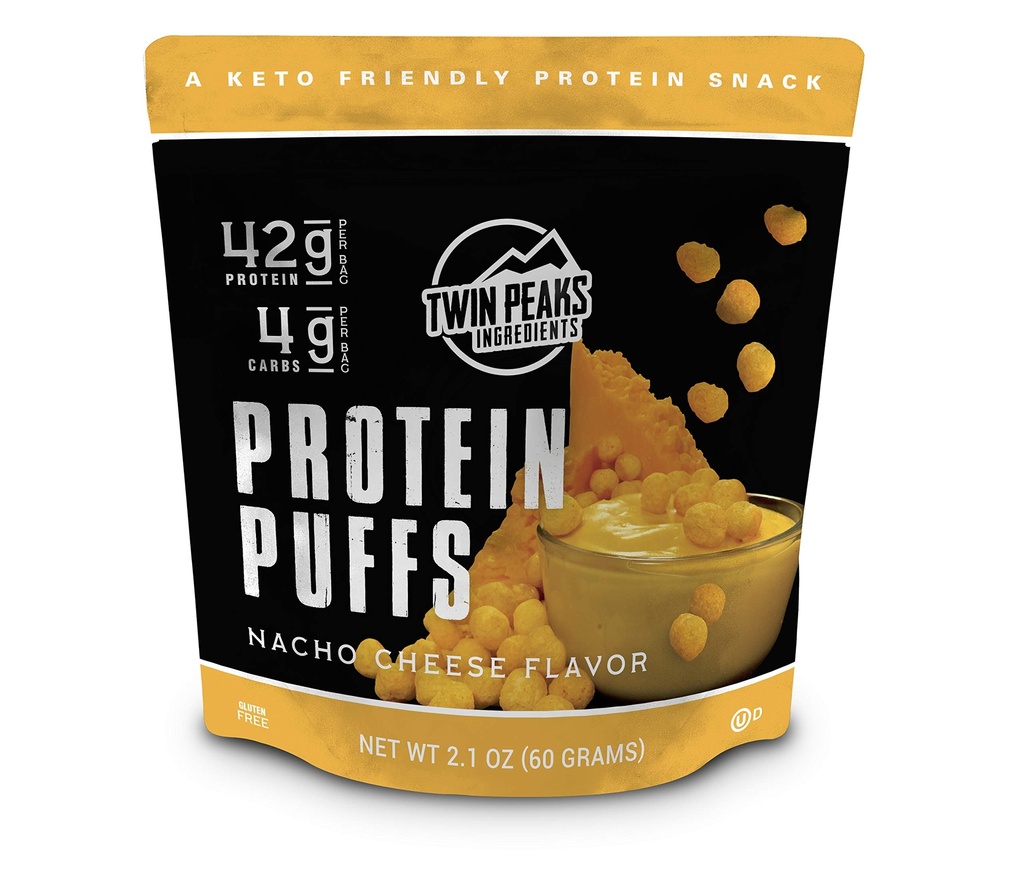 Twin Peaks Low Carb, Keto Friendly Proteine Puffs, Nacho Cheese 2 Serviri, 3 Pack (60g, 42g Proteina, 4g carbohidrati)