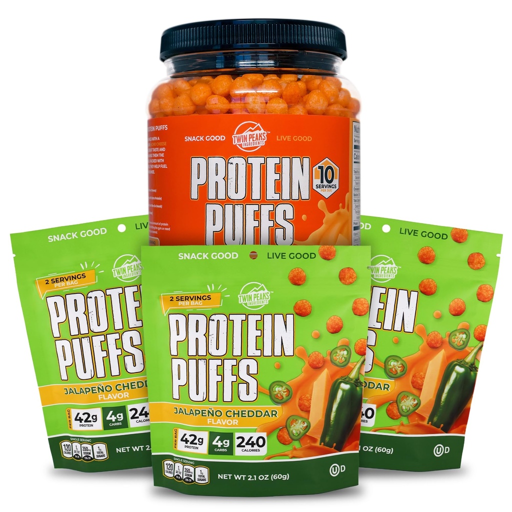 Twin Peaks Low Carb, Keto Friendly Proteine Puffs, 3 pungi de Jalapeno Cheddar Aroma Puffs + 1 Jug Nacho Cheese Flavor Puffs