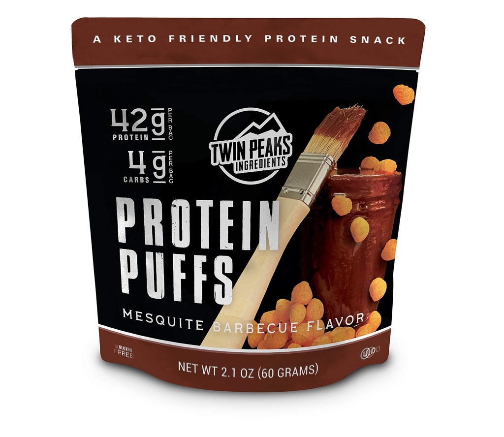 Twin Peaks Low Carb, Keto Friendly Proteine Puffs, Mesquite Gratar 2 Serviri, 3 Pack (60g, 42g Proteina, 4g carbohidrati, 120 Cali)