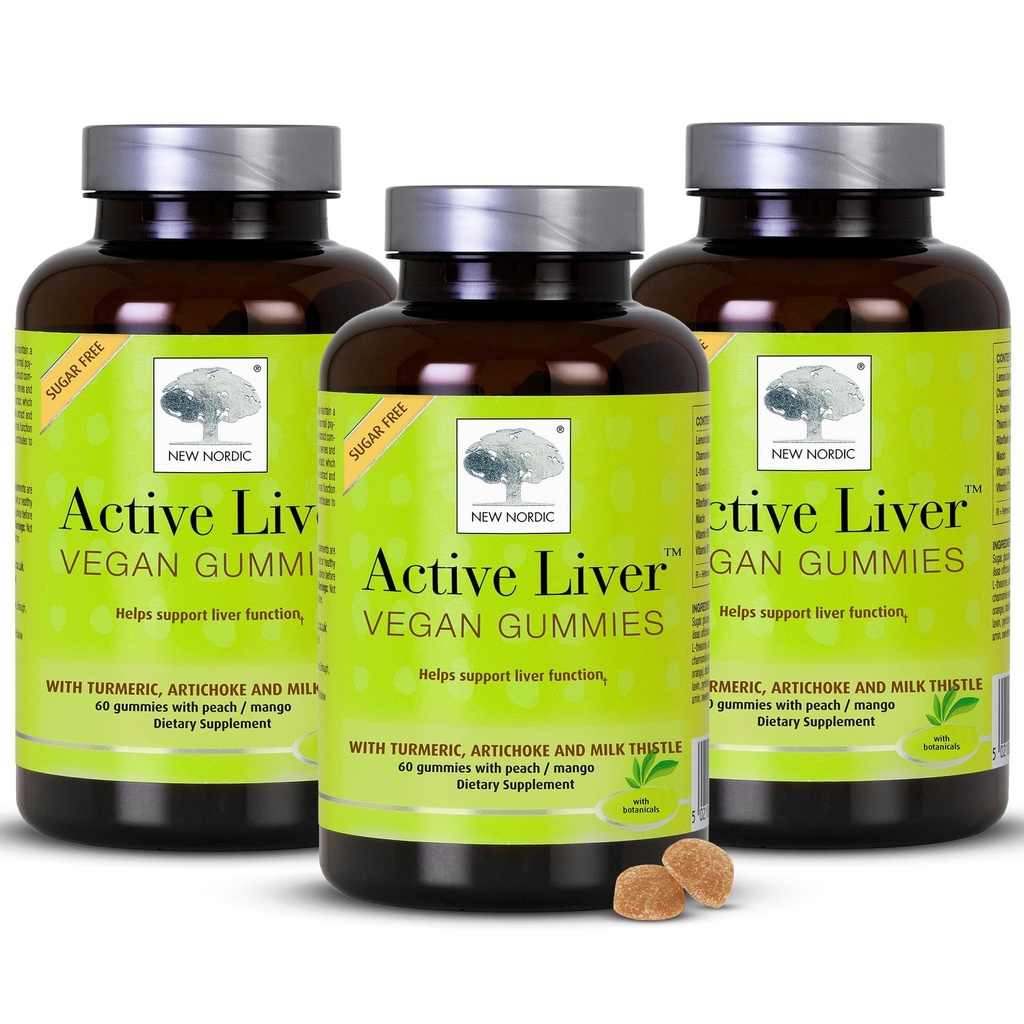 New Nordic Active Liver Gummies, Milk Thistle, Artichoke & Turmeric Supplement, Natural Peach & Mango Flavor, Sugar Free & Vegan, 60 Count (Pachet de 3)