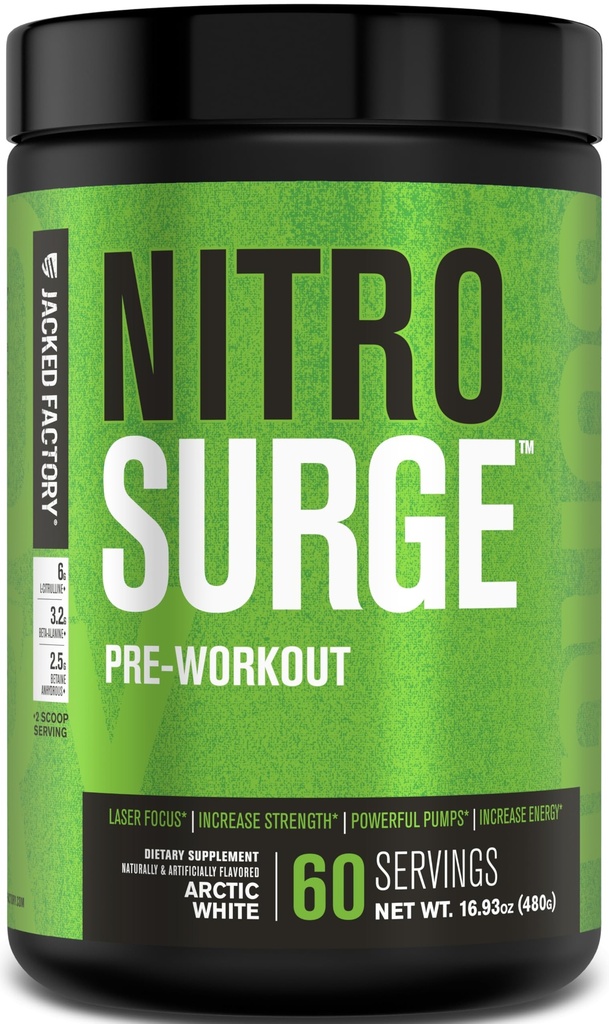 Fabrica Jacked NITROSURGE Suplimentul de pregătire - Energie fără sfârșit, câștiguri de rezistență instantanee, Focalizare clară, Pompe intense - NO Booster & Powerful Preworkout Pulbere de energie - 60 Servings, Arctic White