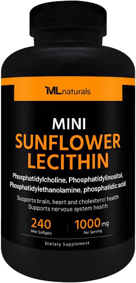 ML Naturals Mini Floarea-soarelui lecitină 240 Softgels. Fosfatidilcolină, fosfatidilinozitol, fosfatidiltanolamină, acid fosforatidic, NSF-Certificat și cGMP-Compliant